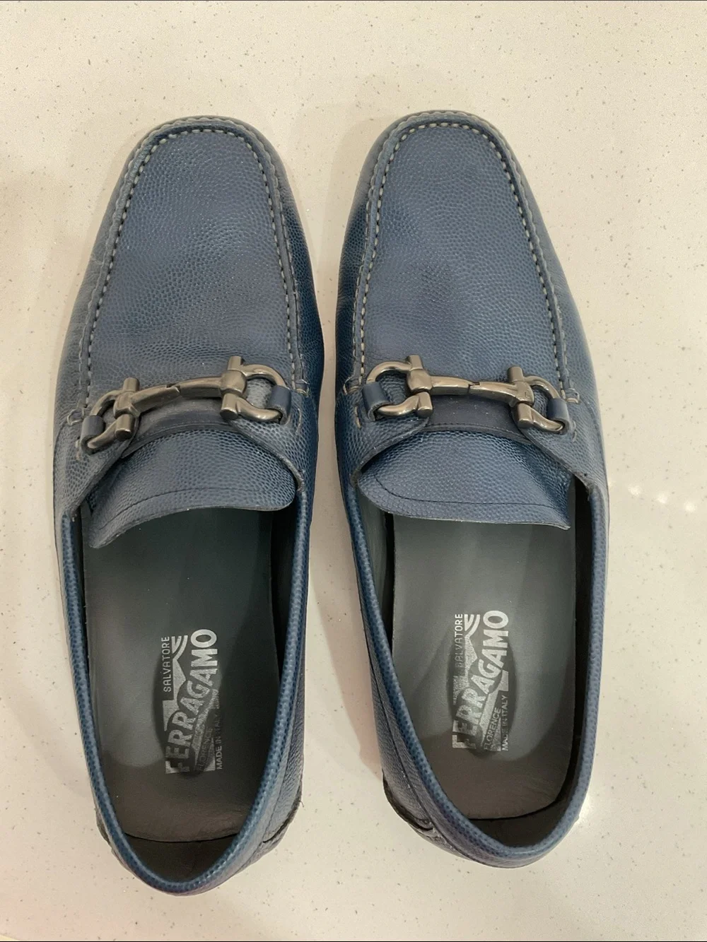 Salvatore Ferragamo Navy Blue Pebbled Leather Bit Loafers